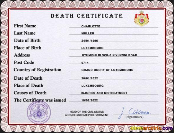 Luxembourg vital record death certificate